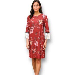 J. Jill Small Red Marroon Floral Shift Midi Dress Boho Cottagecore Festival Fall